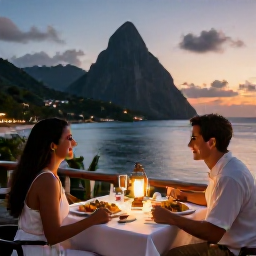 Caribbean Holidays, Saint Lucia Couples, A romantic Saint Lucia restaurant overlooking the sea, table for two with local Caribbean food at twilight