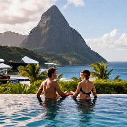 Caribbean Holidays, Saint Lucia Couples, A stylish couple relaxing beside an infinity pool at a Saint Lucia hotel with tropical gardens and sea views