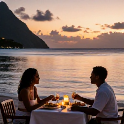 Caribbean Holidays, Saint Lucia Couples, Couple dining at a small beachfront restaurant in Saint Lucia at sunset, local food, candles and calm sea