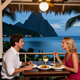 Caribbean Holidays, Saint Lucia Couples, Couple enjoying a private meal at a charming Saint Lucia restaurant, with local dishes and tropical evening scenery