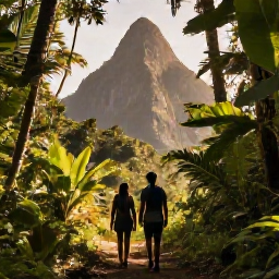 Caribbean Holidays, Saint Lucia Couples, Couple hiking through lush rainforest towards the Pitons in Saint Lucia under warm tropical light