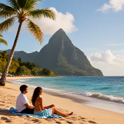 Caribbean Holidays, Saint Lucia Couples, Couple relaxing on a quiet golden beach in Saint Lucia, turquoise sea, palm trees and warm Caribbean light