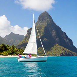 Caribbean Holidays, Saint Lucia Couples, Couple sailing along the Saint Lucia coastline in clear blue water, green mountains and bright Caribbean sunshine
