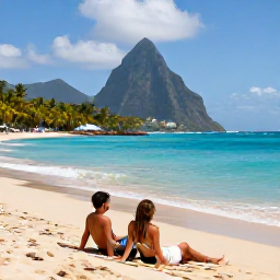 Caribbean Holidays, Saint Lucia Couples Holidays, A couple relaxing together on a quiet golden beach in Saint Lucia, turquoise Caribbean sea and palm trees