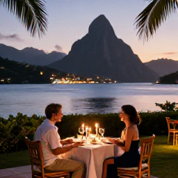 Caribbean Holidays, Saint Lucia Couples Holidays, Couple enjoying a candlelit dinner beside the sea at a Saint Lucia resort, warm evening light and elegant tropical setting
