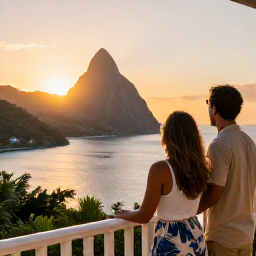 Caribbean Holidays, Saint Lucia Couples Holidays, Couple enjoying sunset from a balcony overlooking the Caribbean Sea and the Pitons in Saint Lucia