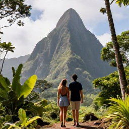 Caribbean Holidays, Saint Lucia Couples Holidays, Couple hiking through lush rainforest towards the Pitons in Saint Lucia, dramatic volcanic peaks and tropical greenery