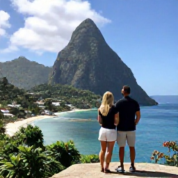 Caribbean Holidays, Saint Lucia Couples, The Pitons rising beside the sea in Saint Lucia, viewed from a scenic lookout with a couple enjoying the view