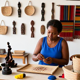 Caribbean Holidays, Saint Lucia Culture, Friendly Saint Lucian artisan demonstrating traditional craft in a bright workshop surrounded by handmade baskets, wood carvings and colourful textiles