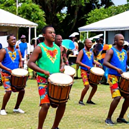 Caribbean Holidays, Saint Lucia Culture, Saint Lucian drummers and dancers performing outdoors at a village festival with colourful clothing and joyful spectators