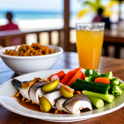 Caribbean Holidays, Saint Lucia Culture, Saint Lucian home-style meal with green figs and saltfish, fresh vegetables and local drinks served in a relaxed island restaurant