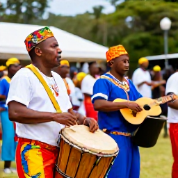 Caribbean Holidays, Saint Lucia Culture, Traditional Saint Lucian musicians performing outdoors with drums, guitar and colourful clothing during a lively community celebration