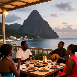 Caribbean Holidays, Saint Lucia Culture, Travellers enjoying a relaxed cultural evening in Saint Lucia with local food, music and views of the Caribbean sea