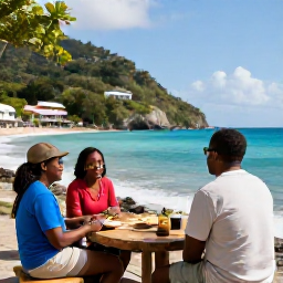 Caribbean Holidays, Saint Lucia Culture, Travellers sharing a relaxed conversation with friendly Saint Lucian locals beside a scenic coastal village and turquoise sea