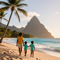 Caribbean Holidays, Saint Lucia December, A happy family walking along a palm-fringed beach in Saint Lucia during December, warm turquoise sea and soft morning light