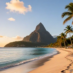 Caribbean Holidays, Saint Lucia December, A wide Caribbean beach in Saint Lucia at sunrise, with calm turquoise water, palm trees and a welcoming all-inclusive resort