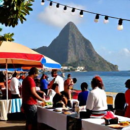 Caribbean Holidays, Saint Lucia December, Castries market and waterfront in December sunshine with festive decorations and visitors exploring local stalls