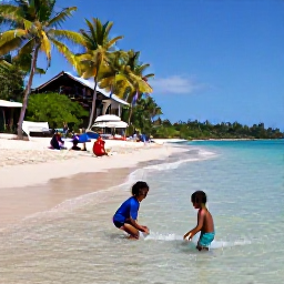 Caribbean Holidays, Saint Lucia December, Children playing safely in shallow clear water on a family-friendly Saint Lucia beach, parents relaxing nearby under palm trees