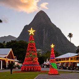 Caribbean Holidays, Saint Lucia December, Colourful Saint Lucian Christmas decorations and traditional celebrations in a tropical town at sunset