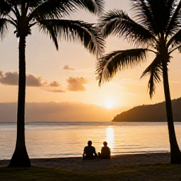 Caribbean Holidays, Saint Lucia December, Couple enjoying a quiet sunset on a Saint Lucia beach, with golden light, calm sea and silhouettes of palm trees