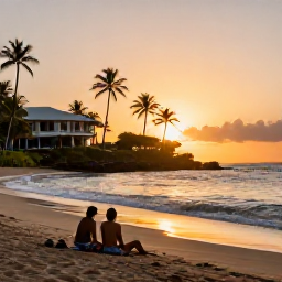 Caribbean Holidays, Saint Lucia December, Couple relaxing on a sandy Saint Lucia beach at sunset, with gentle waves, palm silhouettes and a luxurious resort in the distance