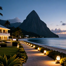 Caribbean Holidays, Saint Lucia December, Elegant adults-only beachfront resort in Saint Lucia at dusk, with illuminated pathways, calm water and a relaxed romantic atmosphere