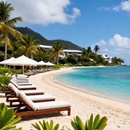 Caribbean Holidays, Saint Lucia December, Elegant Saint Lucia all-inclusive resort beside a sandy beach, with an inviting pool, sun loungers and tropical gardens