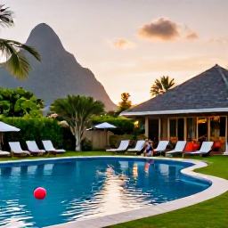 Caribbean Holidays, Saint Lucia December, Family enjoying a comfortable Saint Lucia resort beside a pool at sunset, tropical gardens and gentle evening light