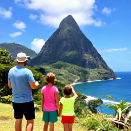 Caribbean Holidays, Saint Lucia December, Family sightseeing at the colourful Pitons in Saint Lucia, lush rainforest, blue sea and a local guide explaining the landscape