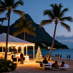 Caribbean Holidays, Saint Lucia December, Festive evening at a Saint Lucia beach resort, with warm lights, palm trees, relaxed guests and a Christmas atmosphere