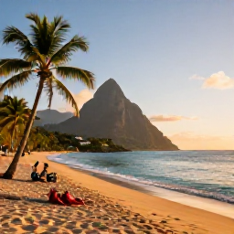 Caribbean Holidays, Saint Lucia December, Golden sandy beach in Saint Lucia at sunrise, calm turquoise sea, palm trees and a few relaxed holidaymakers