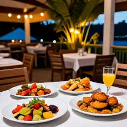 Caribbean Holidays, Saint Lucia December, Outdoor Caribbean restaurant in Saint Lucia serving fresh seafood and colourful local dishes, with tropical plants and evening lights