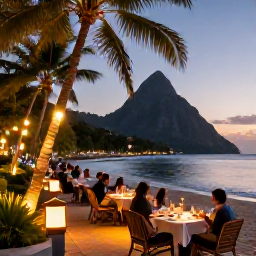 Caribbean Holidays, Saint Lucia December, Saint Lucia beachside Christmas scene with lanterns, relaxed diners, palm trees and the Caribbean Sea at dusk