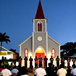 Caribbean Holidays, Saint Lucia December, Saint Lucian musicians performing traditional Christmas music outside a village church with a cheerful evening crowd
