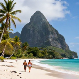 Caribbean Holidays, Saint Lucia December, Scenic Saint Lucia coastline with the Pitons in the distance, lush tropical vegetation and a couple walking along a beach