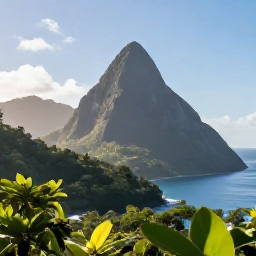 Caribbean Holidays, Saint Lucia December, The Pitons rising above lush green rainforest and the Caribbean Sea in Saint Lucia on a clear December morning