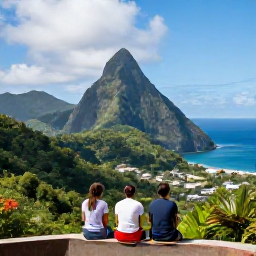 Caribbean Holidays, Saint Lucia December, Visitors exploring the Pitons in Saint Lucia from a scenic viewpoint, with lush green hills and blue Caribbean sea