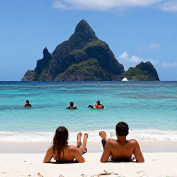Caribbean Holidays, Saint Lucia Diving, A couple relaxing on a sunny Saint Lucia beach after scuba diving, with the Pitons visible in the distance