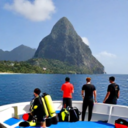 Caribbean Holidays, Saint Lucia Diving, A dive boat beside the Pitons on a sunny January morning, with divers preparing equipment and calm Caribbean Sea