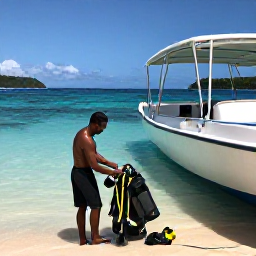 Caribbean Holidays, Saint Lucia Diving, A friendly Saint Lucian dive guide preparing scuba equipment beside a boat in a sheltered bay