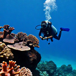 Caribbean Holidays, Saint Lucia Diving, A scuba diver descending beside colourful coral reefs and volcanic rock in clear turquoise water off Saint Lucia in May