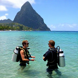 Caribbean Holidays, Saint Lucia Diving, Beginner scuba divers receiving instruction from a professional instructor in calm, shallow turquoise water off Saint Lucia