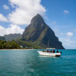 Caribbean Holidays, Saint Lucia Diving, Boat carrying scuba divers along Saint Lucia&rsquo;s green coastline with the Pitons in the background