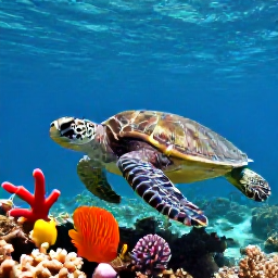 Caribbean Holidays, Saint Lucia Diving, Close underwater photograph of a green sea turtle swimming above coral reef in Saint Lucia, surrounded by colourful reef fish