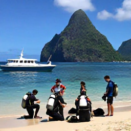 Caribbean Holidays, Saint Lucia Diving, Friendly Saint Lucia dive boat with small group of scuba divers preparing equipment beside a green volcanic coastline
