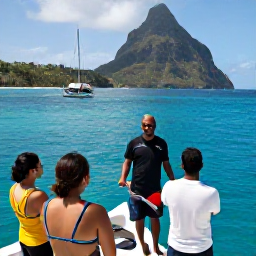 Caribbean Holidays, Saint Lucia Diving, Friendly Saint Lucia dive guide briefing holidaymakers beside a small boat before a reef dive