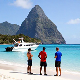Caribbean Holidays, Saint Lucia Diving, Friendly Saint Lucia dive instructors briefing holidaymakers beside a small dive boat in a sheltered Caribbean bay