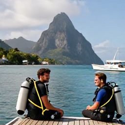 Caribbean Holidays, Saint Lucia Diving, Friendly scuba divers relaxing beside a small dive boat in a calm bay with the Pitons visible on Saint Lucia&rsquo;s coast