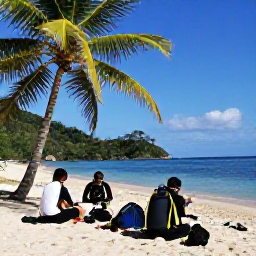 Caribbean Holidays, Saint Lucia Diving, Friendly scuba diving group preparing equipment beside a palm-fringed beach in Saint Lucia