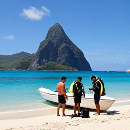 Caribbean Holidays, Saint Lucia Diving, Friendly scuba instructors preparing equipment beside a boat on a sunny Saint Lucian beach